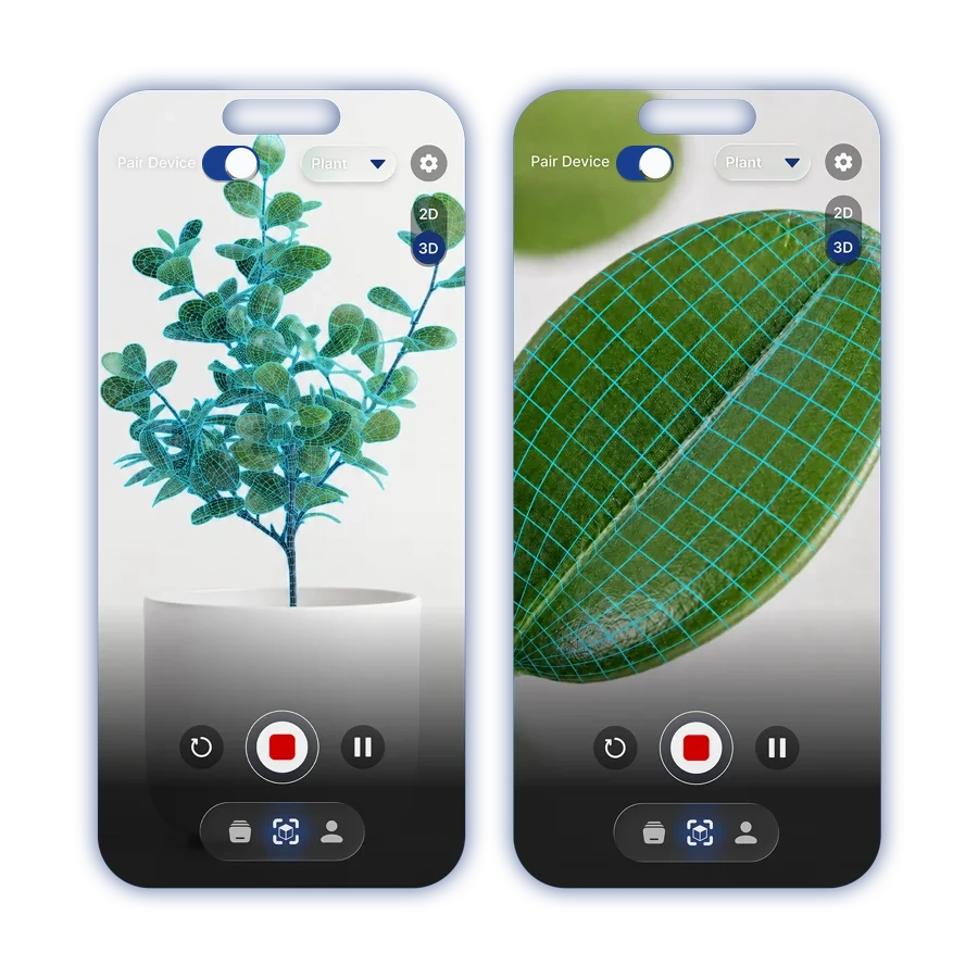 UniScan capturing a plant with live 3D depth-mesh views across two paired devices